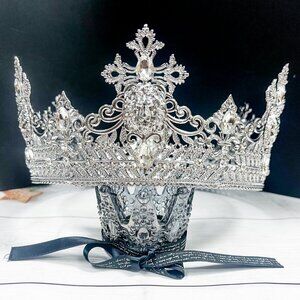 Silver Lion King Crown, Prince Wedding Crown, Clear Crystal Crown for Groom